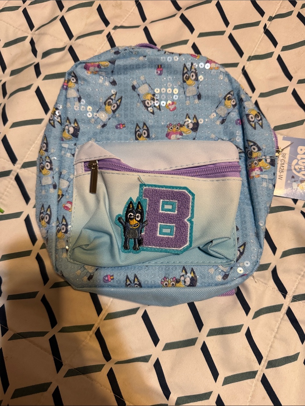 Light Blue Kids Sequin Backpack with 'B' Patch - Unbranded